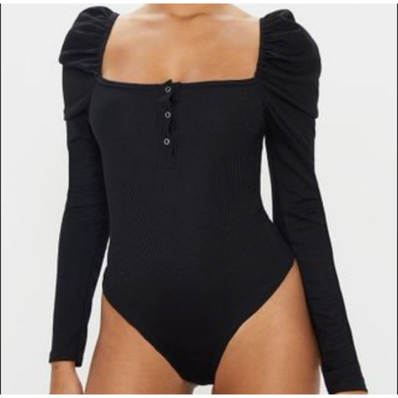 PrettyLittleThing New Black Ribbed Long Puff Sleeve Bodysuit US 8 Square Neck - Picture 1 of 15